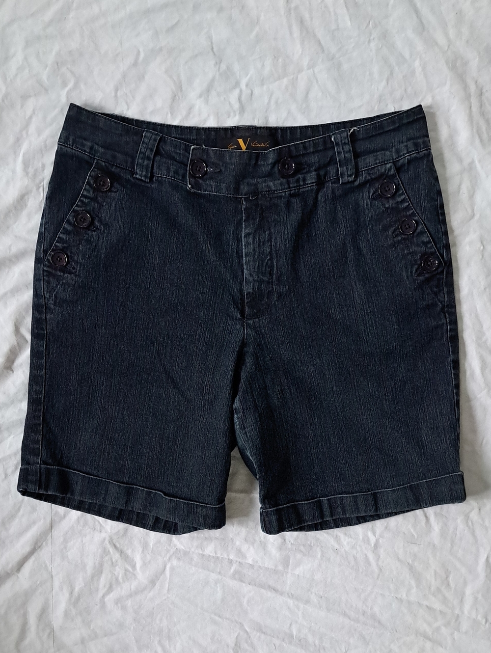 Indigo Dark Wash Button-Accent Denim Bermuda Shorts Chic Preppy Utility Size 12